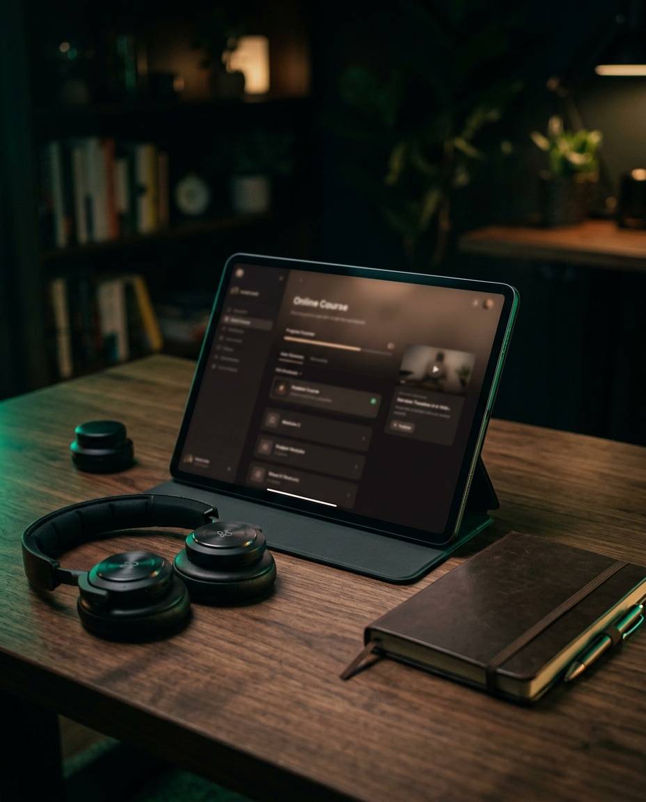 Tablet with a dark online-course interface in a night studio