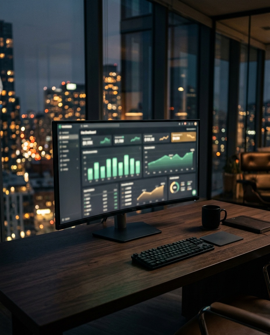 Monitor with a dark analytics dashboard over a night skyline